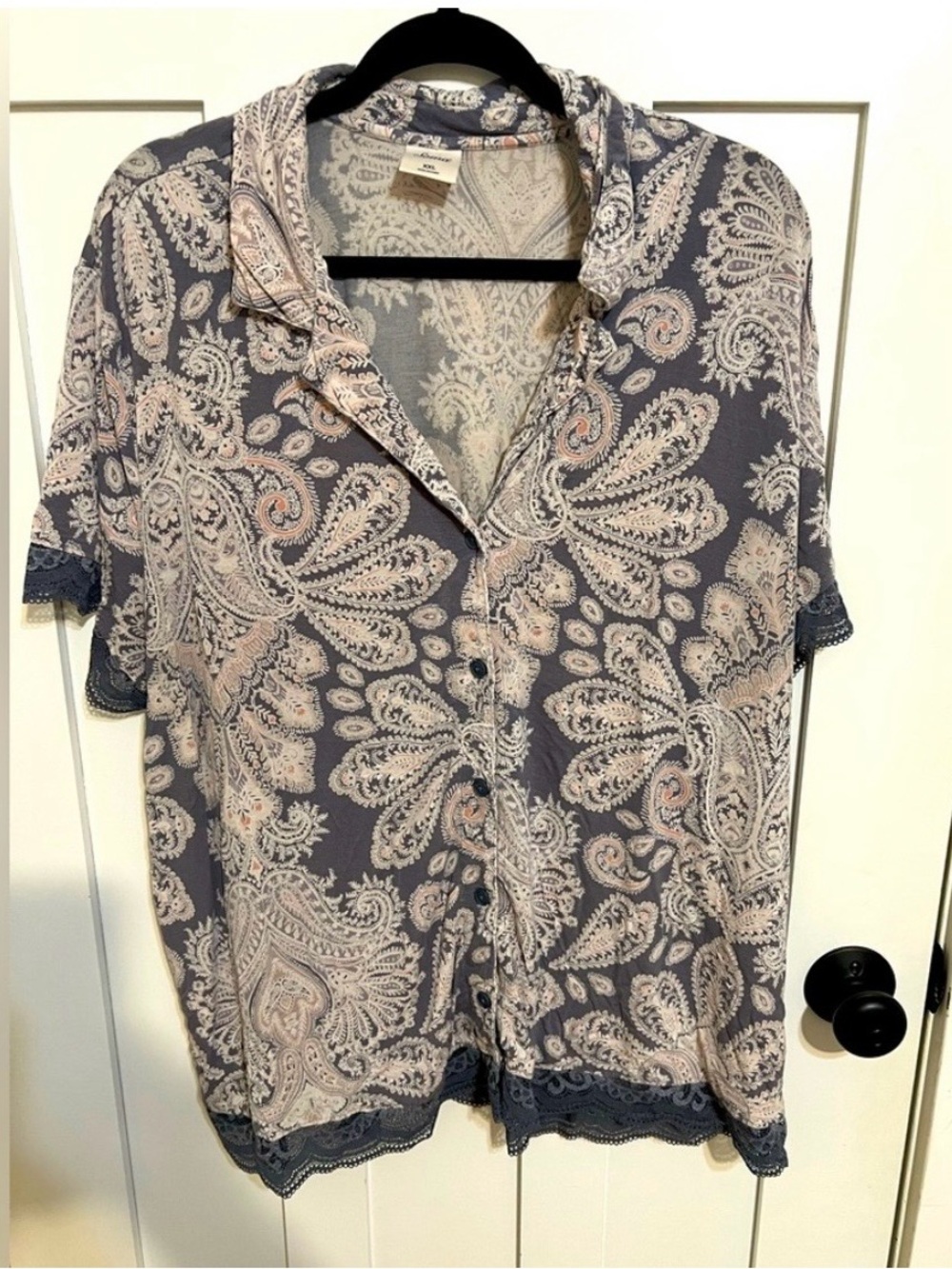 Soma COOL NIGHTS Lace Trim Short Sleeve Notch Collar Pajama Set Paisley Blue XXL - Picture 4 of 10